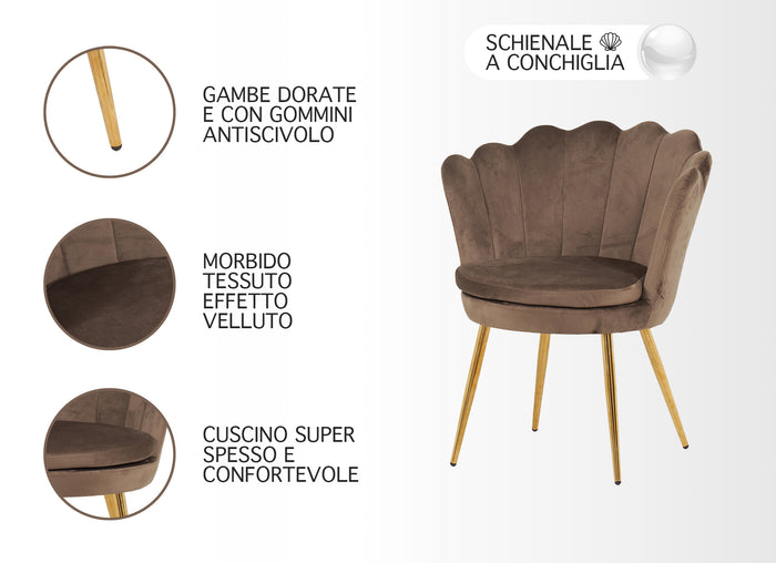 Poltrona Conchiglia Camera da Letto in Velluto Design Moderno Maddina Marrone