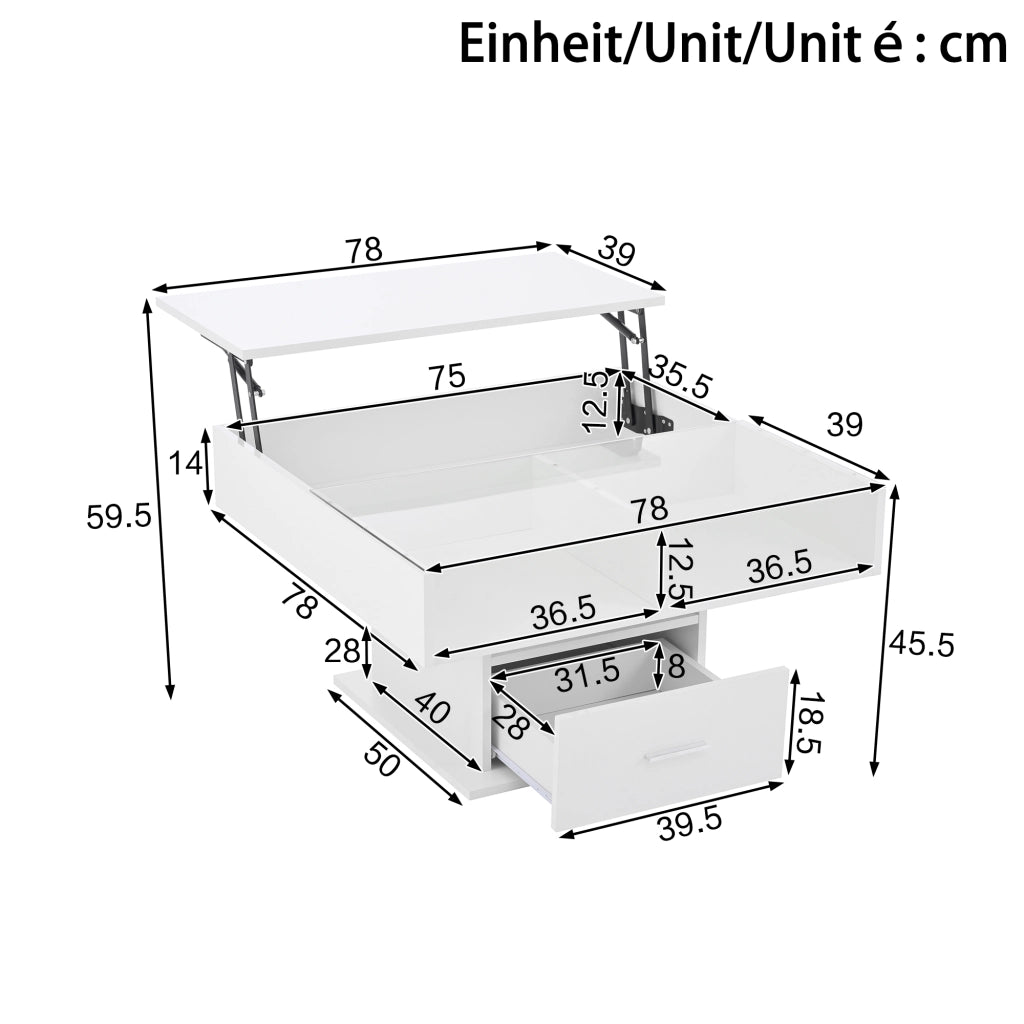 Tavolino da Salotto Sollevabile con 1 Cassetto e 1 Vano e LED; Finitura Lucida; in Pannelli di Truciolare; Bianco