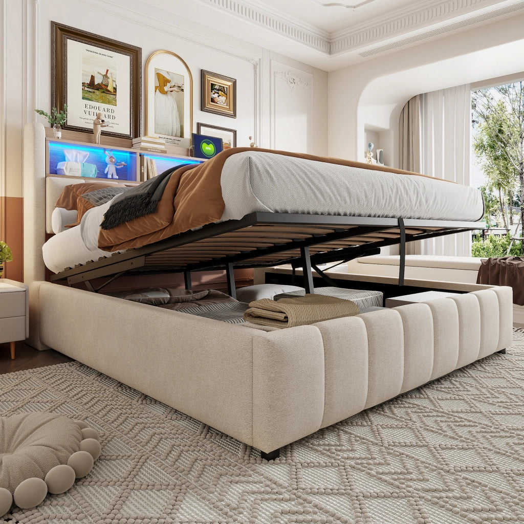 Letti contenitori 180x200 cm con LED e contenitore; lino; beige