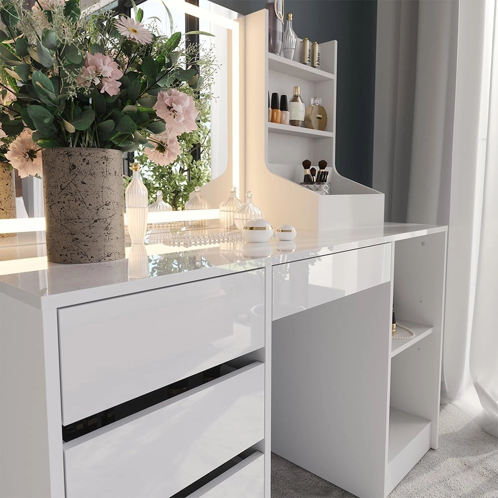 Tavolo da toeletta Sherry, Bianco/bianco lucido, 128.2 cm 3 parti