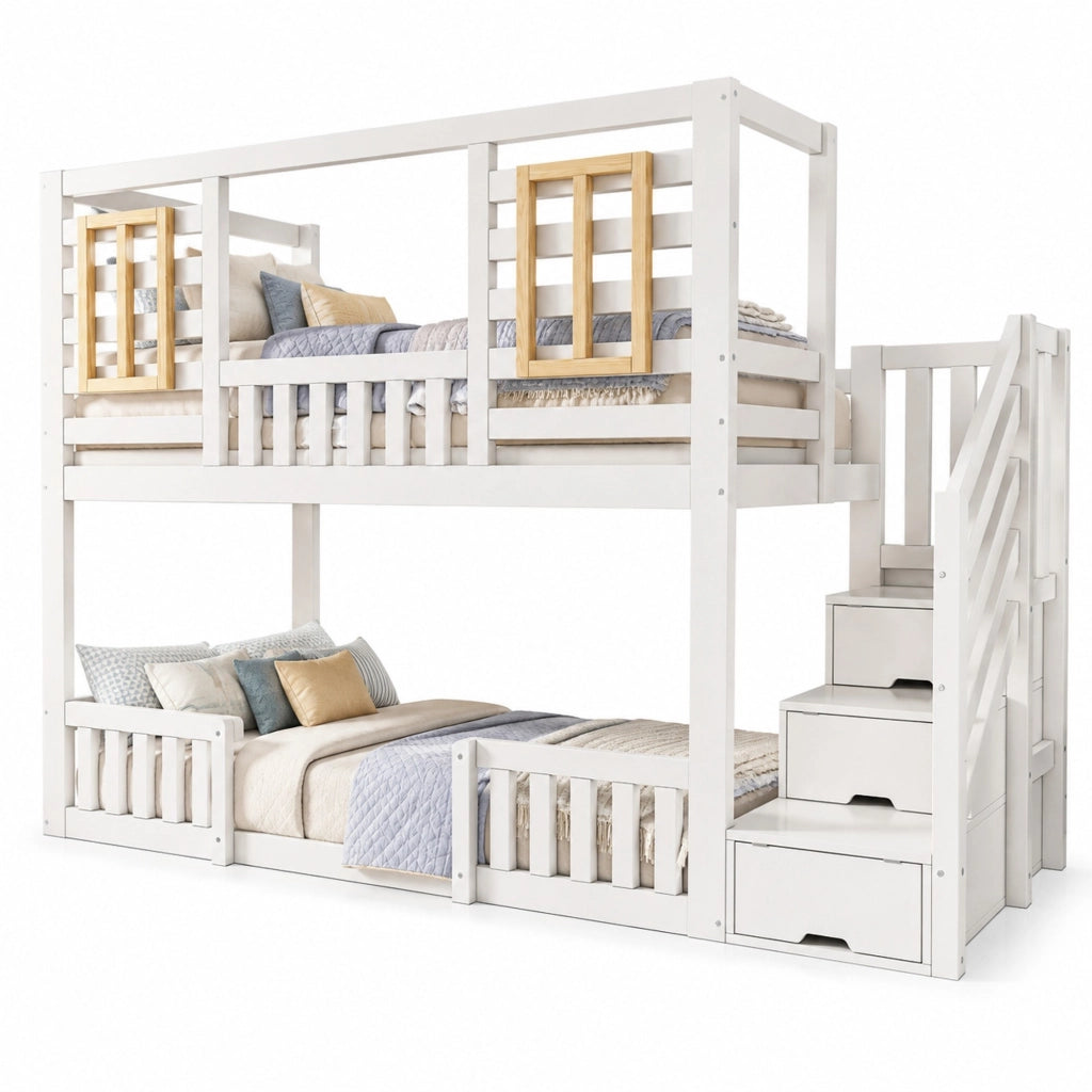 Letto a castello 90x200 cm in stile casetta con scaletta contenitore; bianco