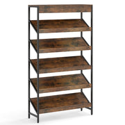 Libreria a 6 ripiani scaffale inclinato con struttura metallica robusta, Libreria porta giornali industriale in legno Marrone rustico-Librerie