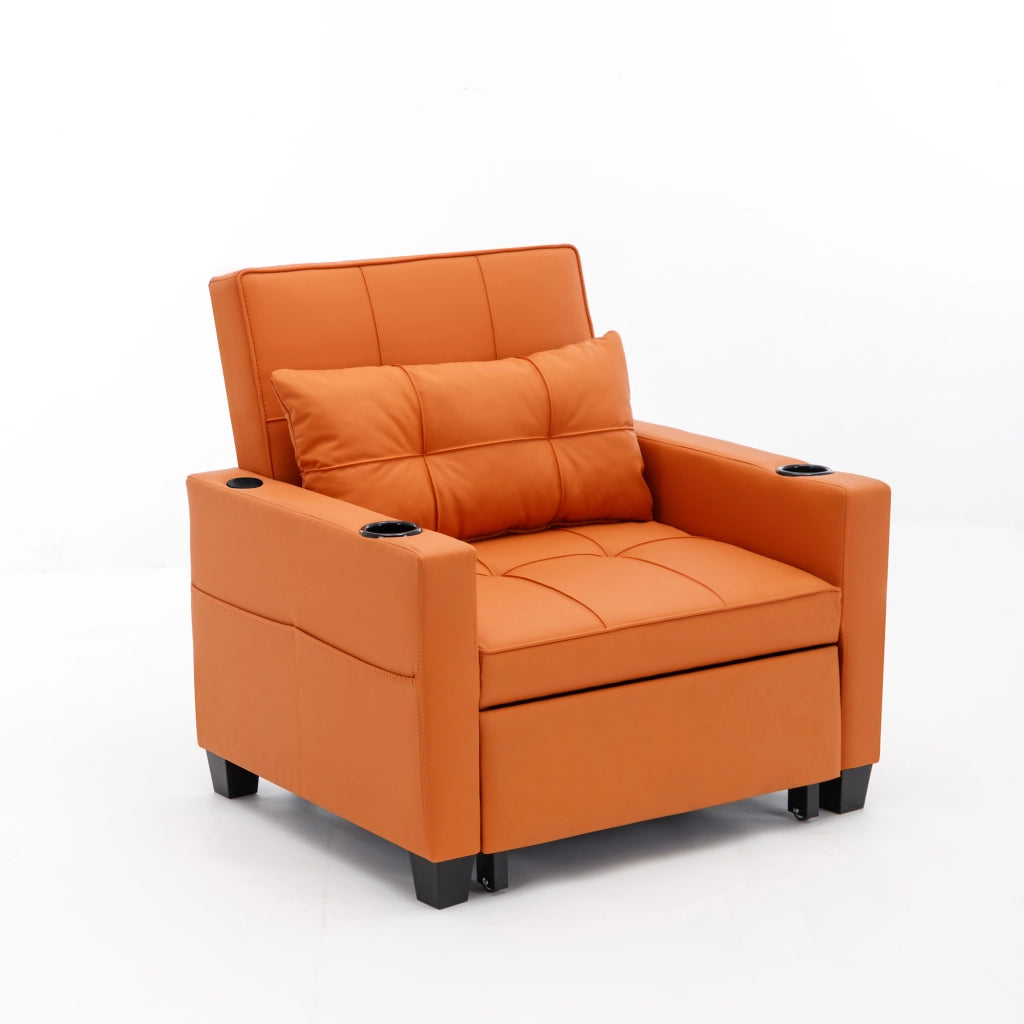Poltrona letto 3 in 1 estraibile con schienale regolabile porta bevande e tasca in pu arancione 74 × 87 × 84 cm
