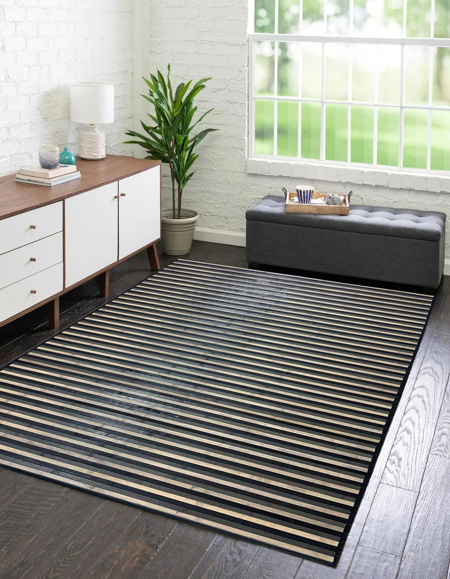 Tappeto Arredo In Vero Bamboo Naturale Grande a Listelli Bordato BambÃ¹ Soggiorno Cucina Salotto Listello Legno Grigio - 120x180cm