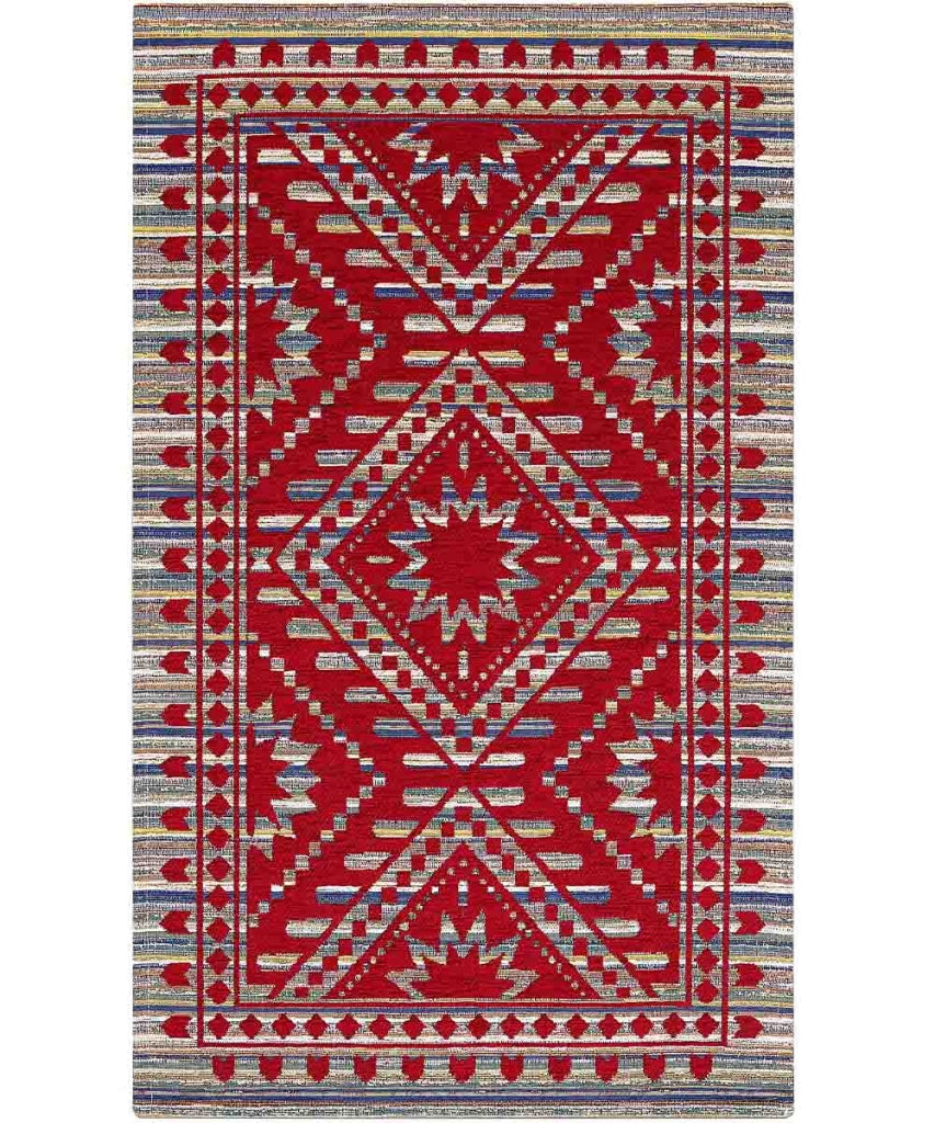 Tappeto passatoia KENYA ROSSO salotto soggiorno camera, disegno kilim etnico africano, multiuso lavabile antiscivolo cm.65x300 corsia