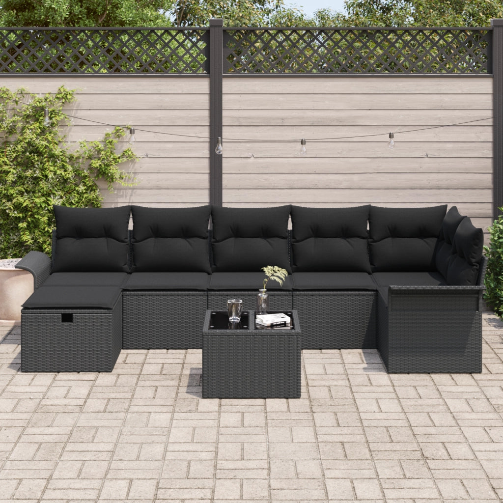 Set Divano da Giardino  8 Pezzi con Cuscini Rattan Poliestere Nero