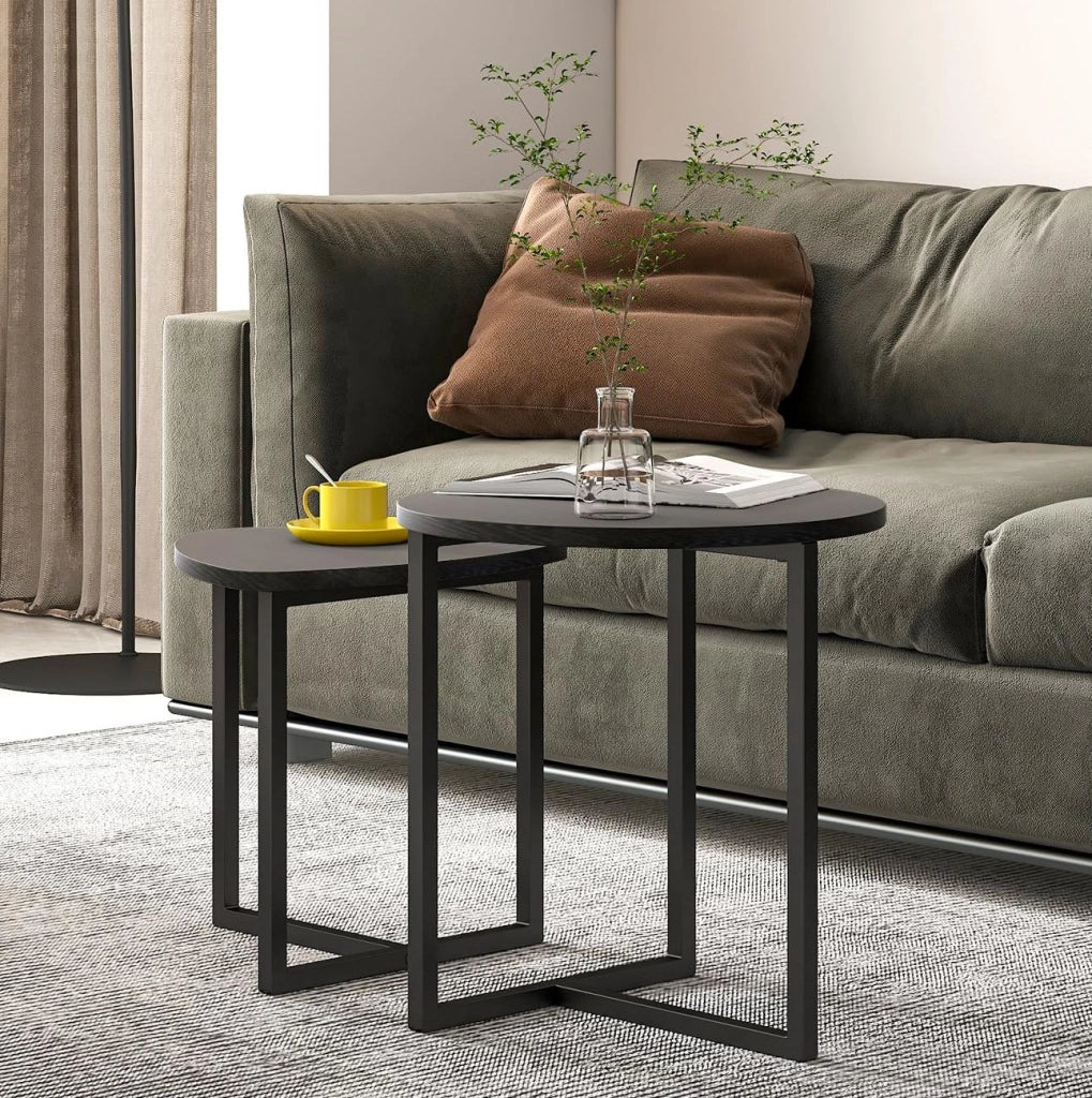 Set di tavolini da salotto; design industriale con piano a cuore; metallo nero