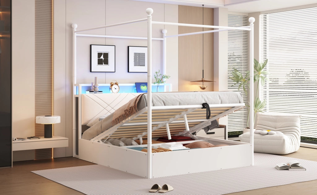 Letto contenitore 140 × 190 cm con baldacchino rimovibile, LED, USB e Type-C, senza materasso, bianco