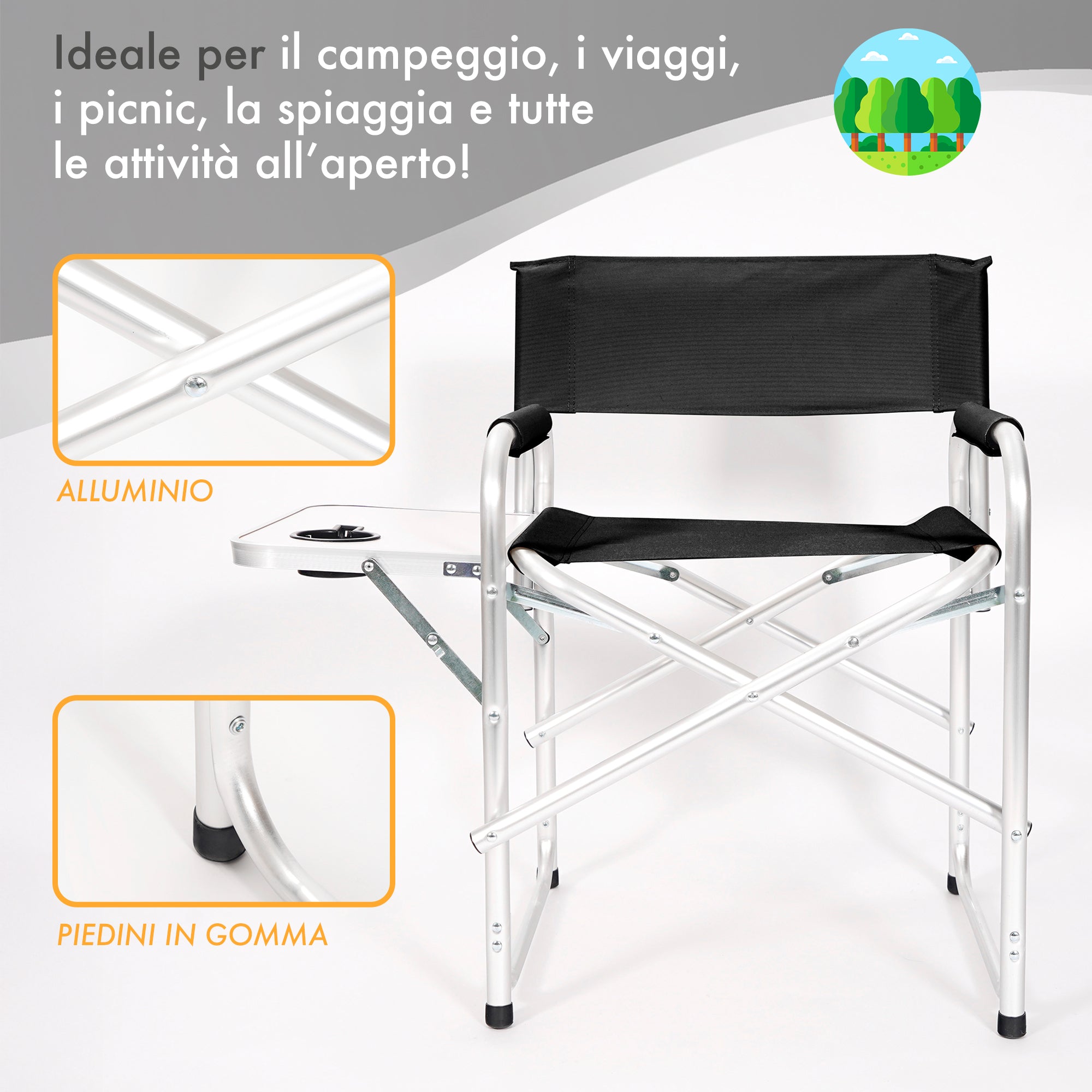 Sedia Sgabello Regista Poltrona Pieghevole In Alluminio Lavabile Leggera Lavabile Con Tavolino Porta Bibite Incluso Campeggio Mare Spiaggia Nero