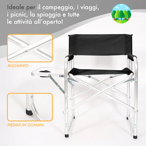 Sedia Sgabello Regista Poltrona Pieghevole In Alluminio Lavabile Leggera Lavabile Con Tavolino Porta Bibite Incluso Campeggio Mare Spiaggia Nero