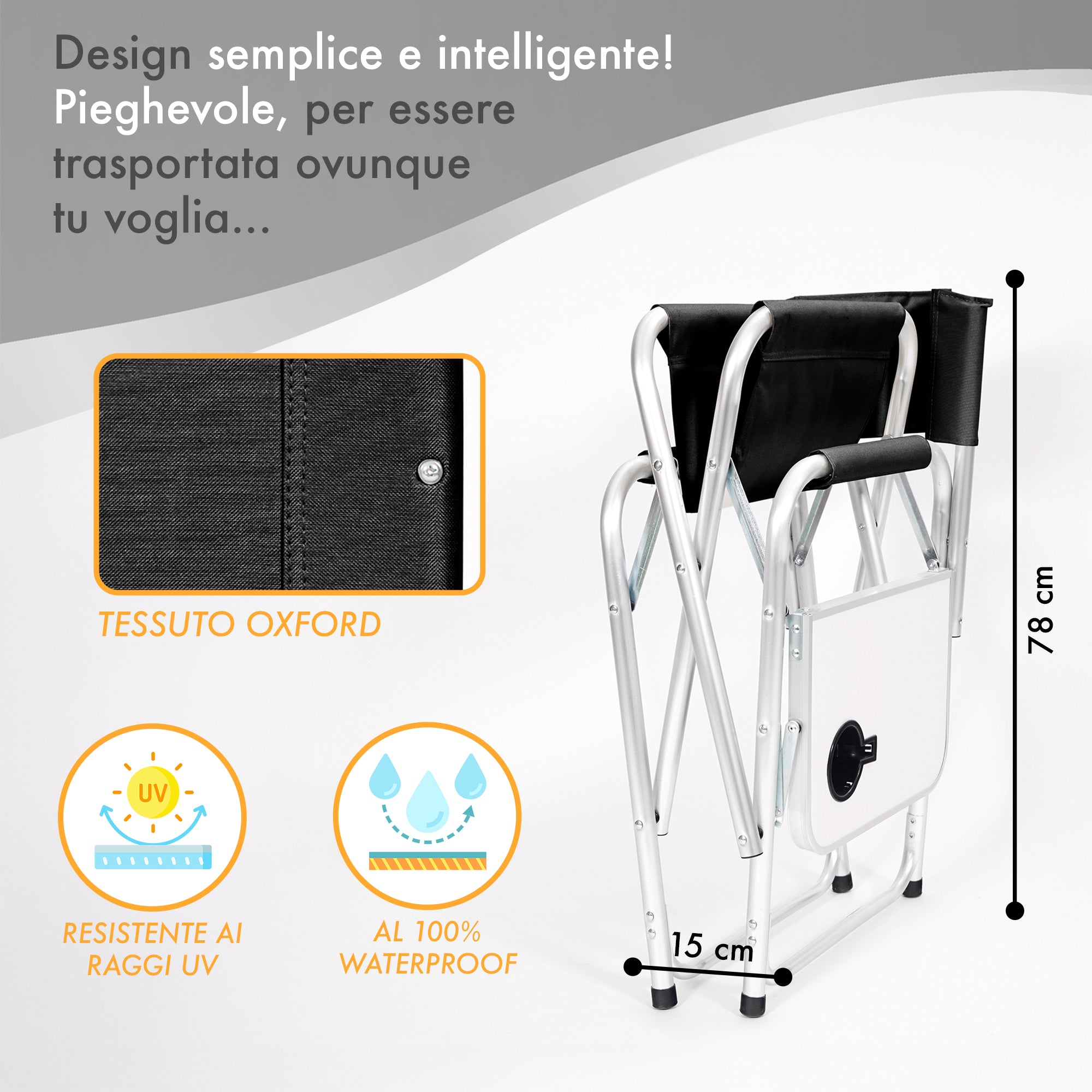 Sedia Sgabello Regista Poltrona Pieghevole In Alluminio Lavabile Leggera Lavabile Con Tavolino Porta Bibite Incluso Campeggio Mare Spiaggia Nero