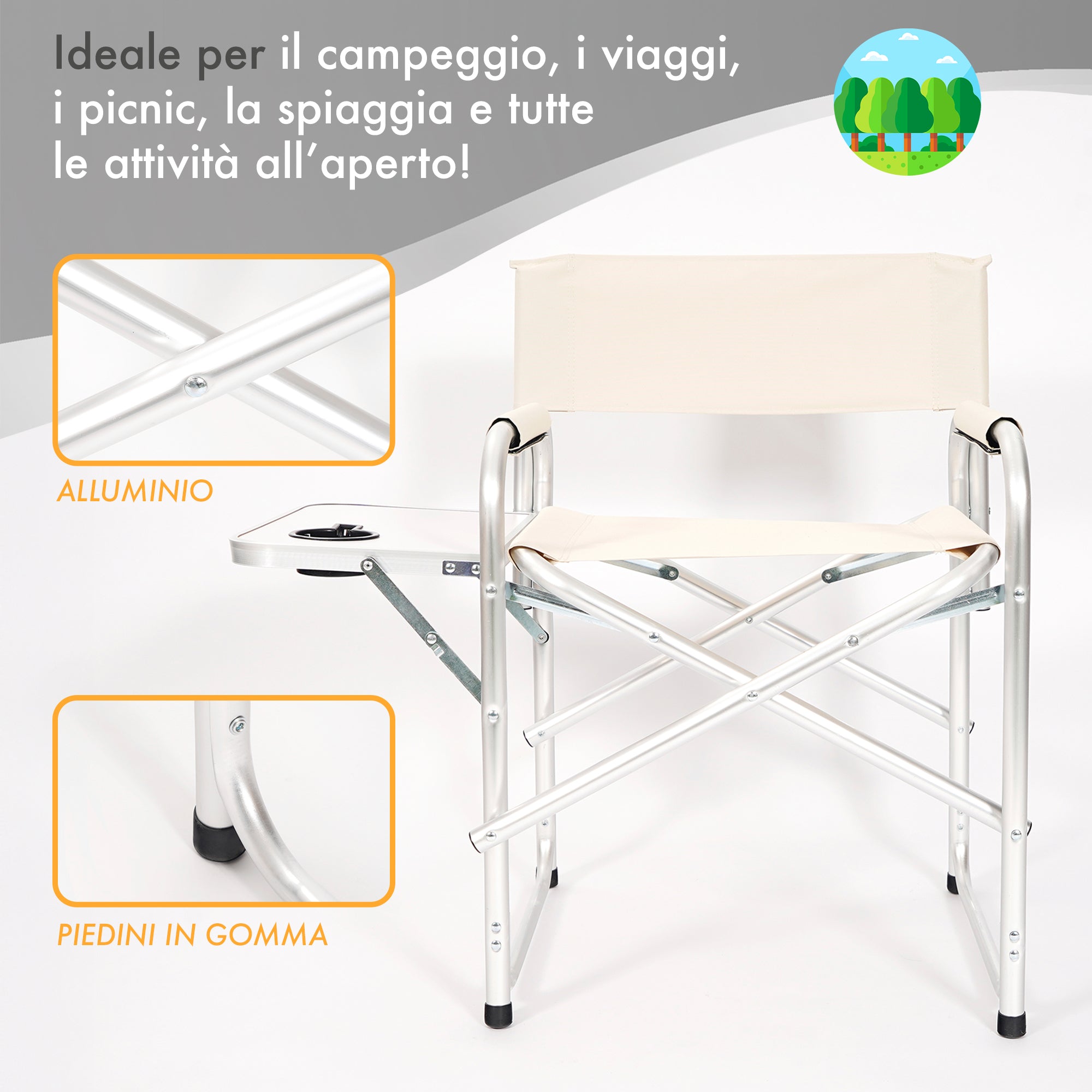 Sedia Sgabello Regista Poltrona Pieghevole In Alluminio Lavabile Leggera Lavabile Con Tavolino Porta Bibite Incluso Campeggio Mare Spiaggia Beige