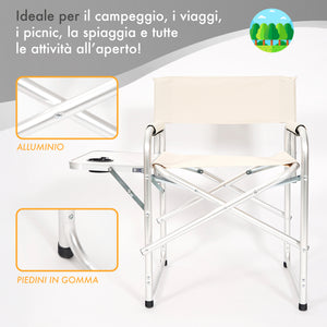 Sedia Sgabello Regista Poltrona Pieghevole In Alluminio Lavabile Leggera Lavabile Con Tavolino Porta Bibite Incluso Campeggio Mare Spiaggia Beige