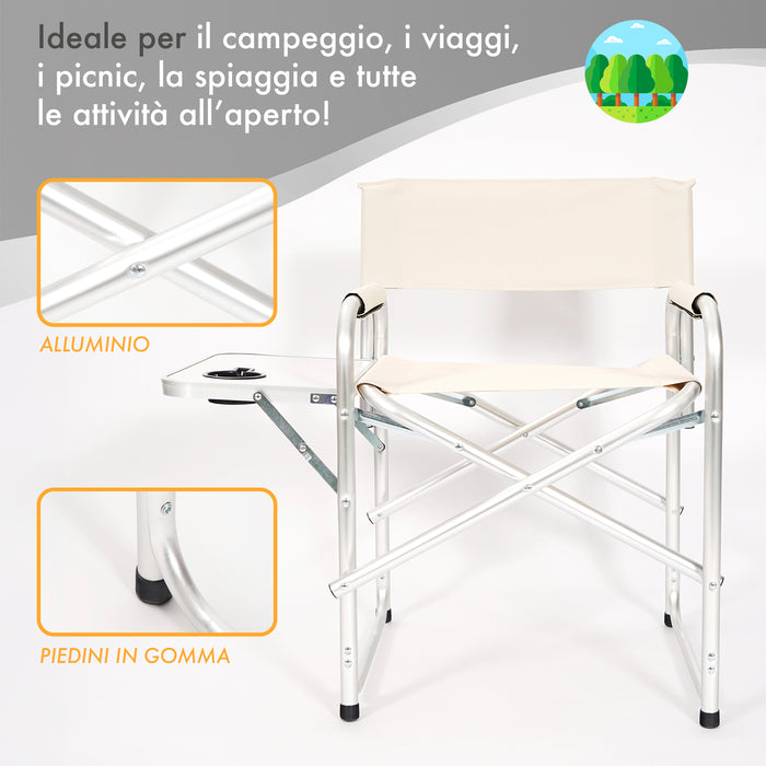 Sedia Sgabello Regista Poltrona Pieghevole In Alluminio Lavabile Leggera Lavabile Con Tavolino Porta Bibite Incluso Campeggio Mare Spiaggia Beige