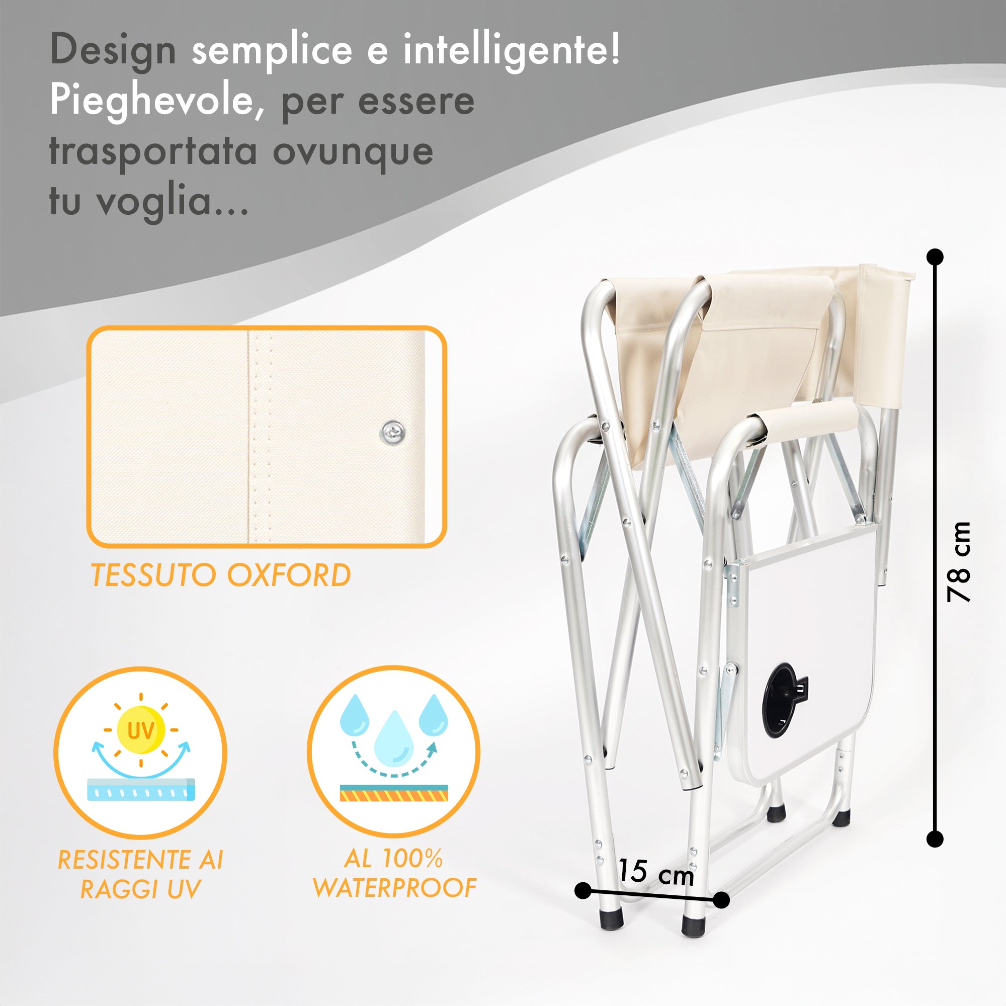 Sedia Sgabello Regista Poltrona Pieghevole In Alluminio Lavabile Leggera Lavabile Con Tavolino Porta Bibite Incluso Campeggio Mare Spiaggia Beige