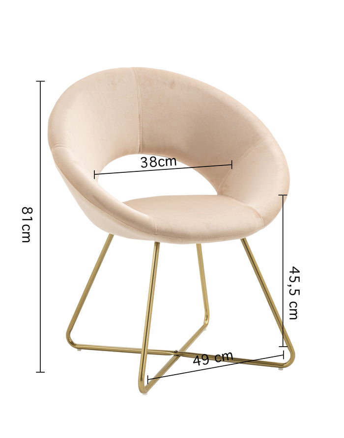 Poltrona Tonda Camera da Letto in Velluto Design Moderno, Sedia Imbottita Circolare con Gambe in Metallo Placcato Oro - Poltroncina per Salotto con Seduta Morbida Modello Grace - Beige