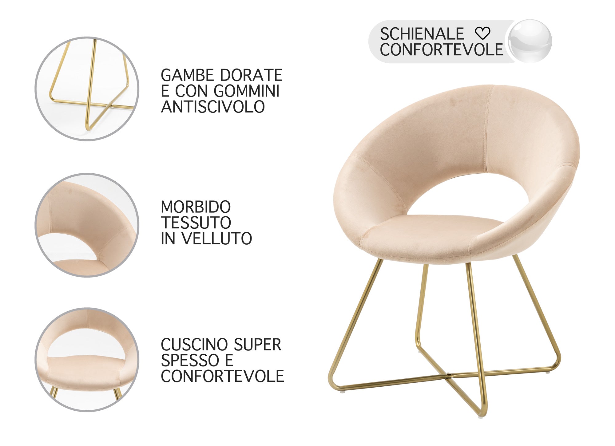 Poltrona Tonda Camera da Letto in Velluto Design Moderno, Sedia Imbottita Circolare con Gambe in Metallo Placcato Oro - Poltroncina per Salotto con Seduta Morbida Modello Grace - Beige