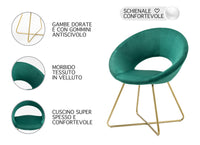 Poltrona Tonda Camera da Letto in Velluto Design Moderno, Sedia Imbottita Circolare con Gambe in Metallo Placcato Oro - Poltroncina per Salotto con Seduta Morbida Modello Grace - Petrolio