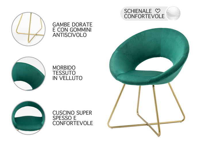 Poltrona Tonda Camera da Letto in Velluto Design Moderno, Sedia Imbottita Circolare con Gambe in Metallo Placcato Oro - Poltroncina per Salotto con Seduta Morbida Modello Grace - Petrolio