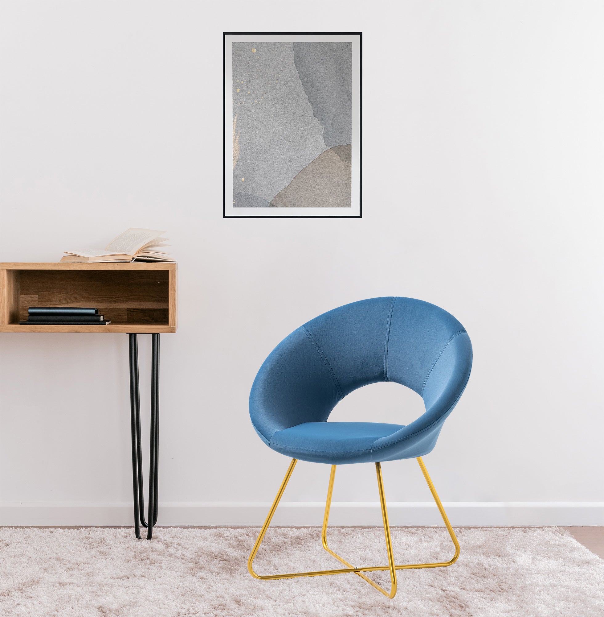 Poltrona Tonda Camera da Letto in Velluto Design Moderno, Sedia Imbottita Circolare con Gambe in Metallo Placcato Oro - Poltroncina per Salotto con Seduta Morbida Modello Grace - Blu