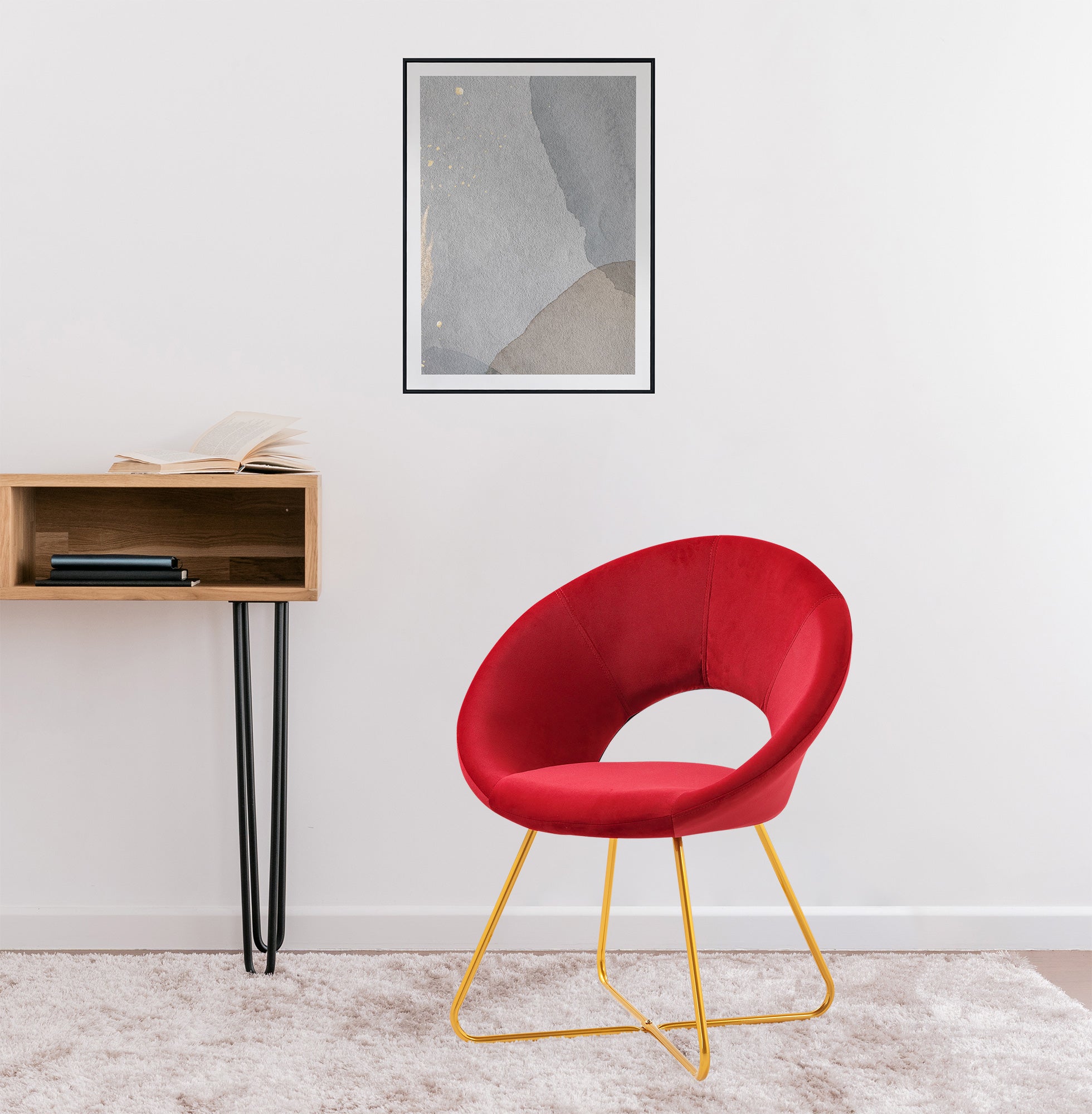 Poltrona Tonda Camera da Letto in Velluto Design Moderno, Sedia Imbottita Circolare con Gambe in Metallo Placcato Oro - Poltroncina per Salotto con Seduta Morbida Modello Grace - Ciliegia