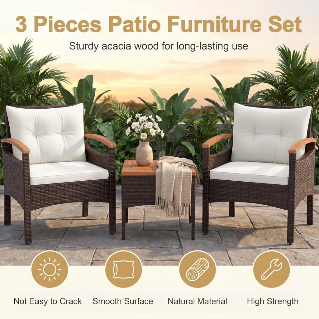 Set di Mobili a 3 Pezzi, Set da Bistrot in Rattan per Esterni con Tavolino, Cuscini Morbidi, Set da Conversazione in Legno d'Acacia per Patio, Cortile, Bordo Piscina (Bianco)