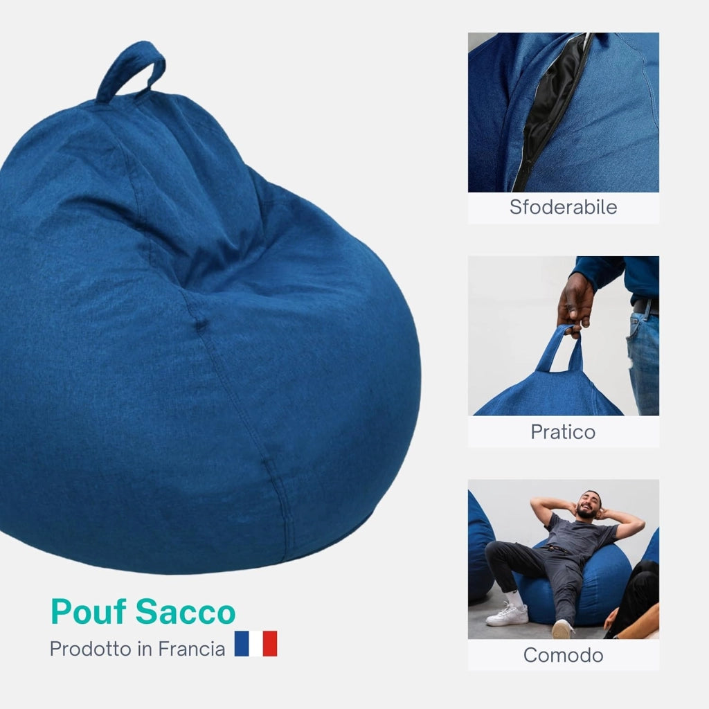 Pouf Poltrona Sacco con Imbottitura in Schiuma - Morbido e Confortevole - Fodera Lavabile - Pratico e Facile da Trasportare - Pouf Sacco per Tutta la Famiglia (120x100 cm, Blu)