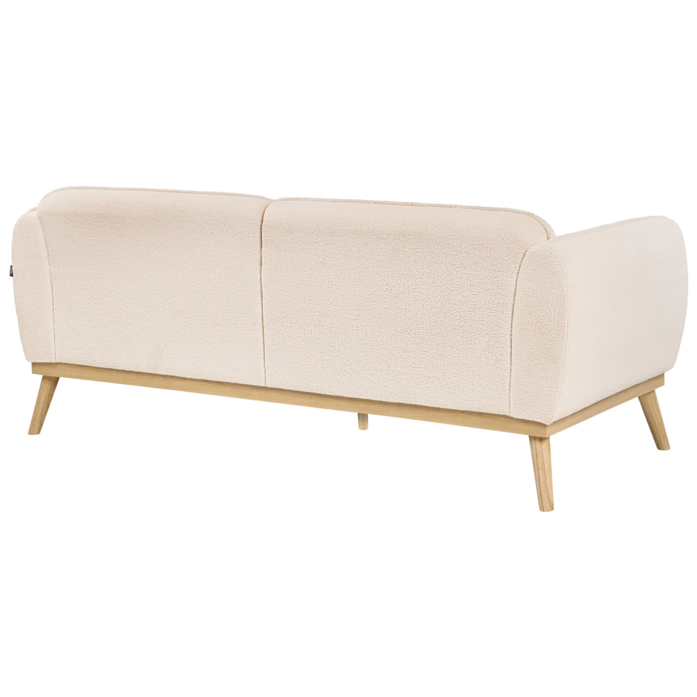 Set da salotto in stile scandinavo con divani a 2 e 3 posti, gambe affusolate in legno e rivestimento in bouclé beige chiaro