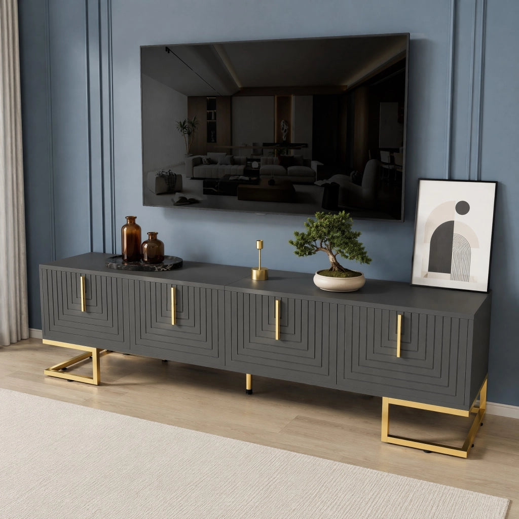 MOBILE TV 170 cm Grigio/Nero in truciolare con 4 ante e gambe dorate