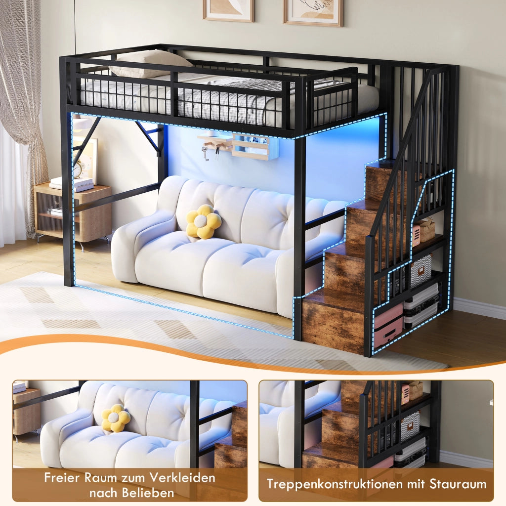 Letto a soppalco in metallo con LED e scala contenitore, 90x200 cm, nero