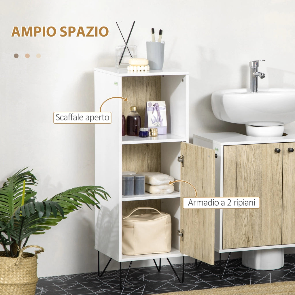 Mobile Bagno con Anta e Ripiano Aperto ¨C zephmum ¨C Legno, Quercia e Bianco, 31.5x30x91cm