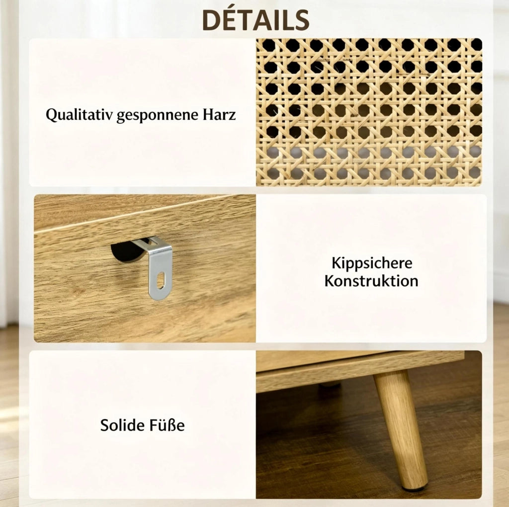 Set di 2 comodini compatti in legno e rattan naturale 39x35x60 cm per camera da letto