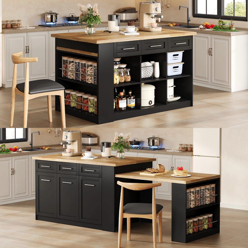 Isola cucina multifunzionale - Zephmum - 150x96 cm - Nero - Tavolo estraibile, piano laminato, armadi integrati