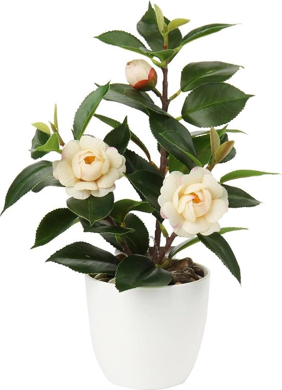 Camellia Japonica Kunstkamerplant, in vaso di plastica, fiori decorativi di seta, camelia, fiori artificiali per casa, hotel, decorazione