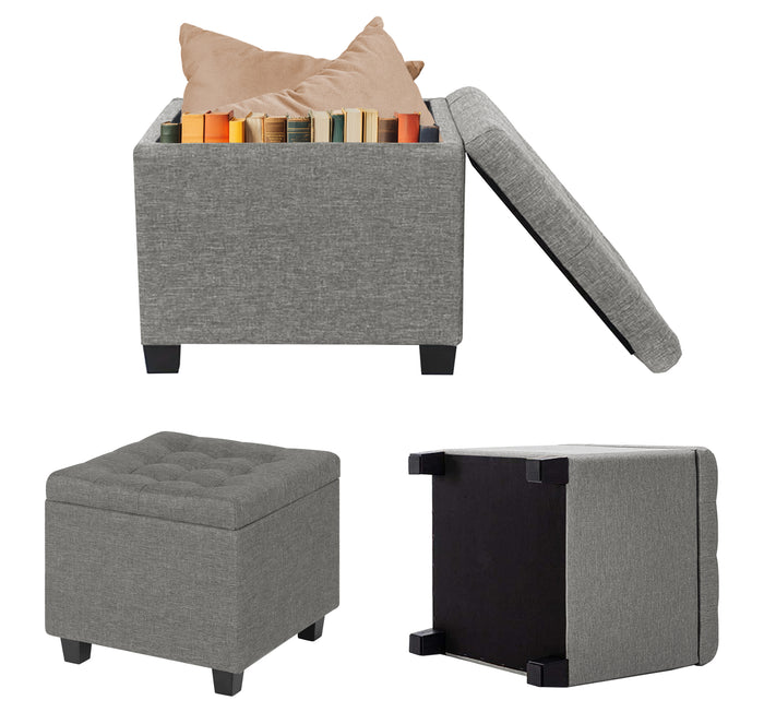 Pouf Poggiapiedi Cubico XXL Con Contenitore Integrato Cubo Imbottito Lino 45Cm Piedini legno Panca Moderna Cassapanca Soggiorno Panchina Ingresso Scarpiera Sgabello Grande - Grigio1