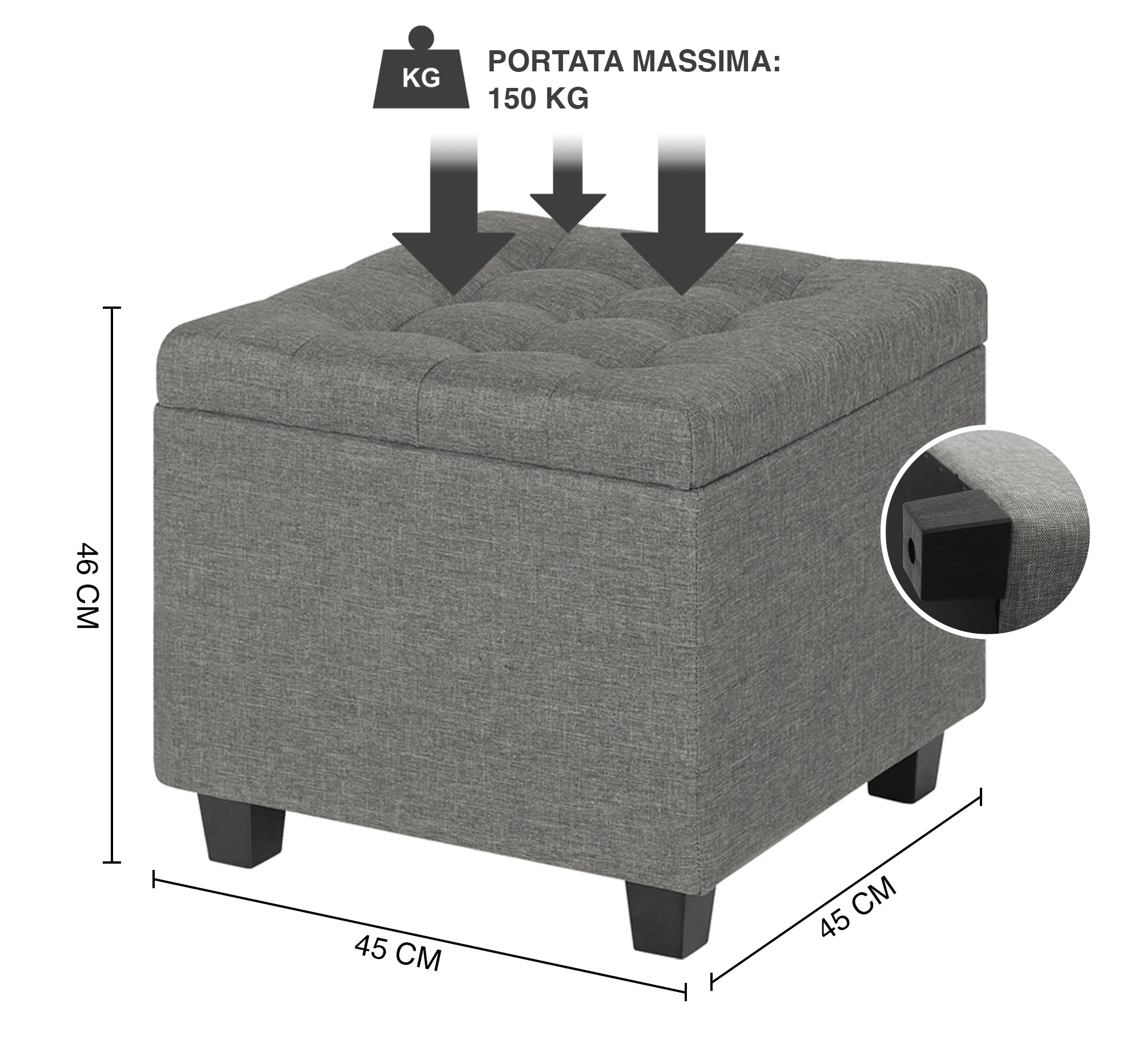 Pouf Poggiapiedi Cubico XXL Con Contenitore Integrato Cubo Imbottito Lino 45Cm Piedini legno Panca Moderna Cassapanca Soggiorno Panchina Ingresso Scarpiera Sgabello Grande - Grigio1