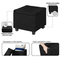 Pouf Poggiapiedi Cubico XXL Con Contenitore Integrato Cubo Imbottito Lino 45Cm Piedini legno Panca Moderna Cassapanca Soggiorno Panchina Ingresso Scarpiera Sgabello Grande - Nero6
