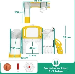 Set gioco 7 in 1 con scivolo, altalena e canestro per bambini in polietilene con attività creative