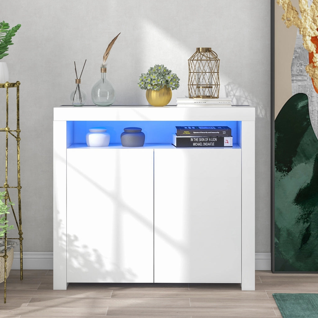 Credenza con 2 ante; vano aperto; LED e USB - per soggiorno - 108x40x92 cm - bianco
