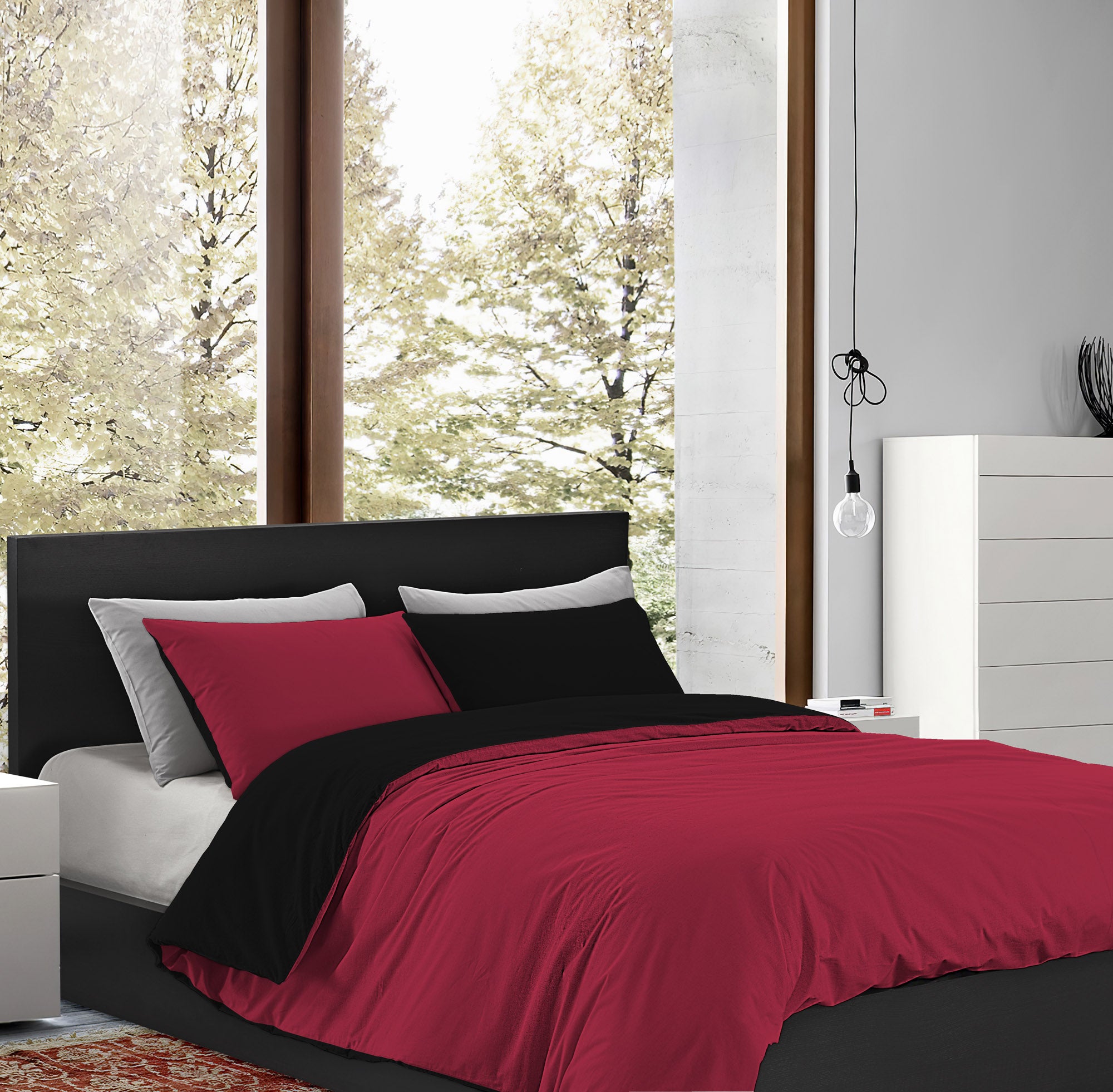 Parure Copripiumino in Flanella Felpato  Bicolore Sacco e Federe Double Face 100% Cotone - Bordeaux-Nero - Singolo