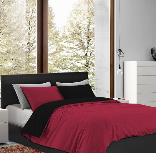 Parure Copripiumino in Flanella Felpato  Bicolore Sacco e Federe Double Face 100% Cotone - Bordeaux-Nero - Singolo