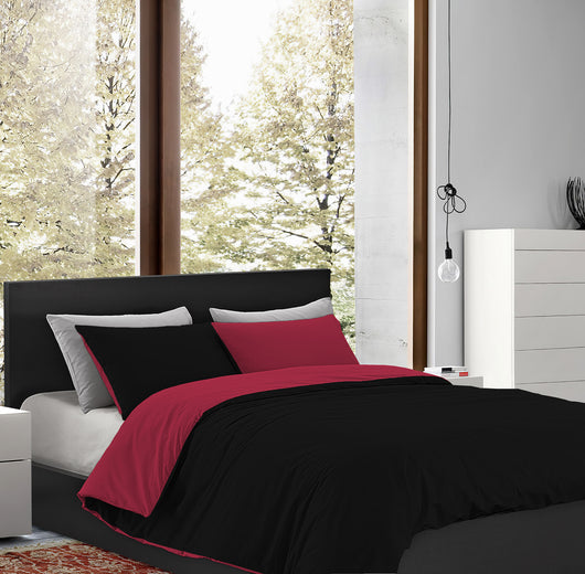 Parure Copripiumino in Flanella Felpato  Bicolore Sacco e Federe Double Face 100% Cotone - Bordeaux-Nero - Singolo