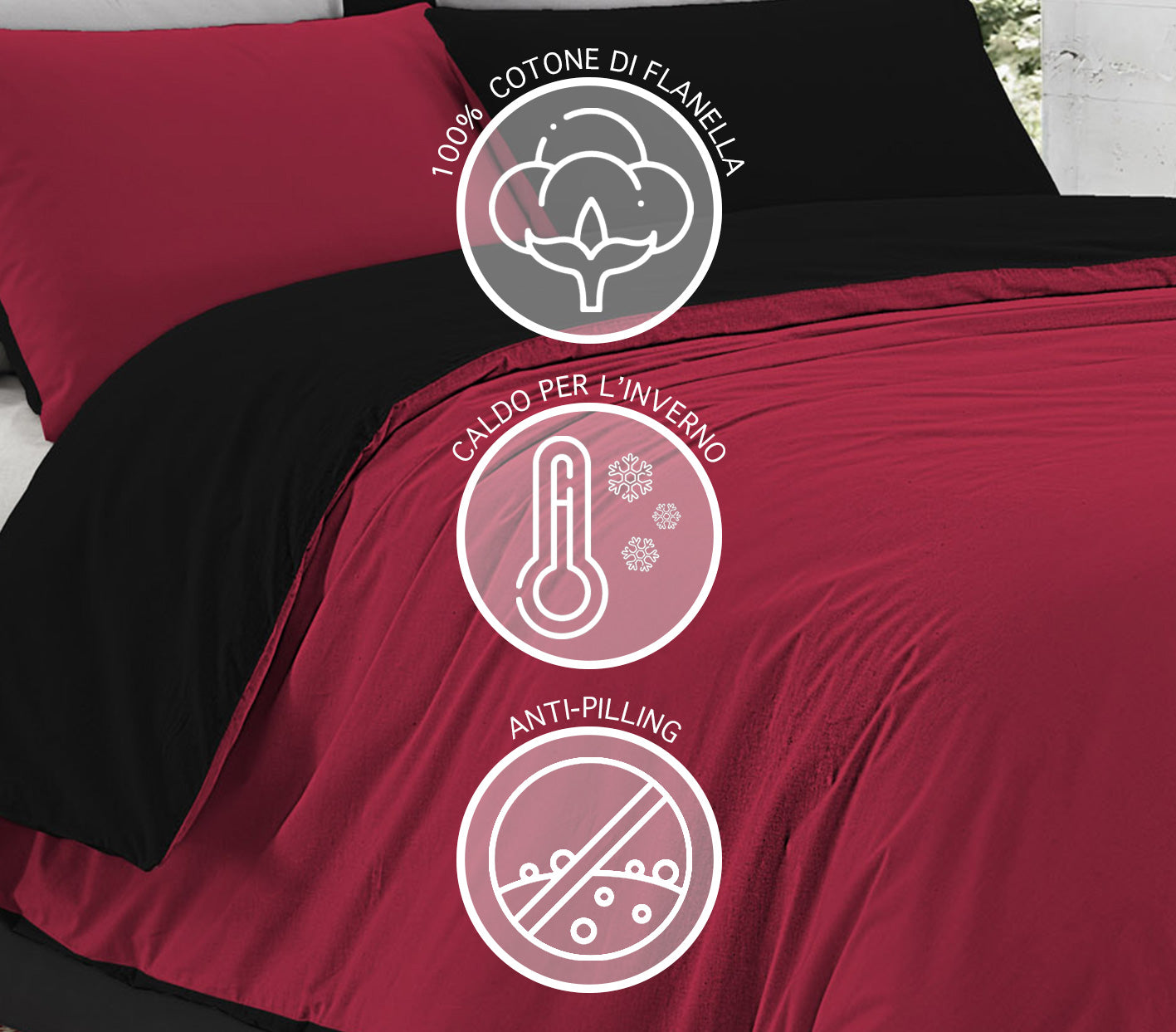 Parure Copripiumino in Flanella Felpato  Bicolore Sacco e Federe Double Face 100% Cotone - Bordeaux-Nero - Matrimoniale