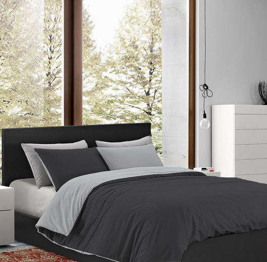 Parure Copripiumino in Flanella Felpato  Bicolore Sacco e Federe Double Face 100% Cotone - Grigiochiaro-Grigioscuro - Piazza e mezza