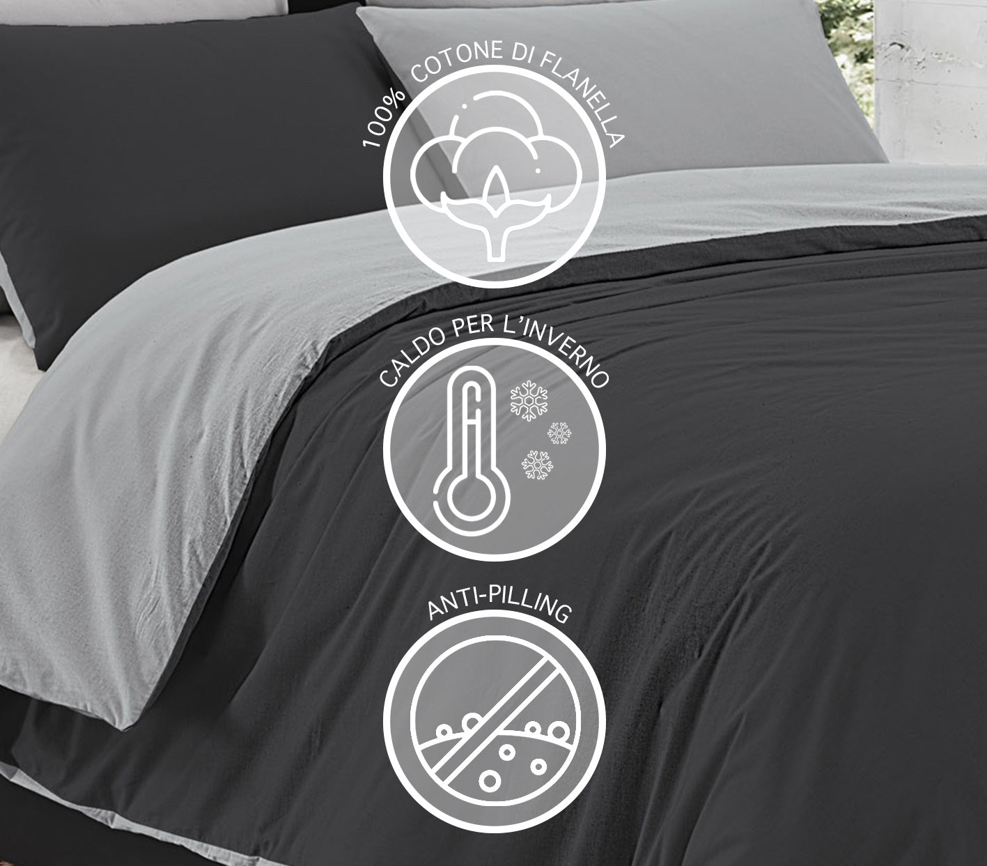 Parure Copripiumino in Flanella Felpato  Bicolore Sacco e Federe Double Face 100% Cotone - Grigiochiaro-Grigioscuro - Piazza e mezza