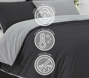 Parure Copripiumino in Flanella Felpato  Bicolore Sacco e Federe Double Face 100% Cotone - Grigiochiaro-Grigioscuro - Piazza e mezza