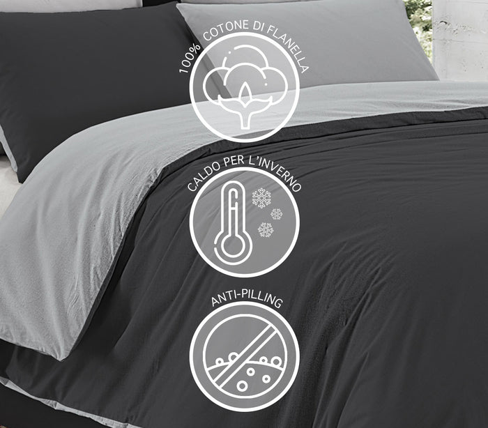 Parure Copripiumino in Flanella Felpato  Bicolore Sacco e Federe Double Face 100% Cotone - Grigiochiaro-Grigioscuro - Matrimoniale