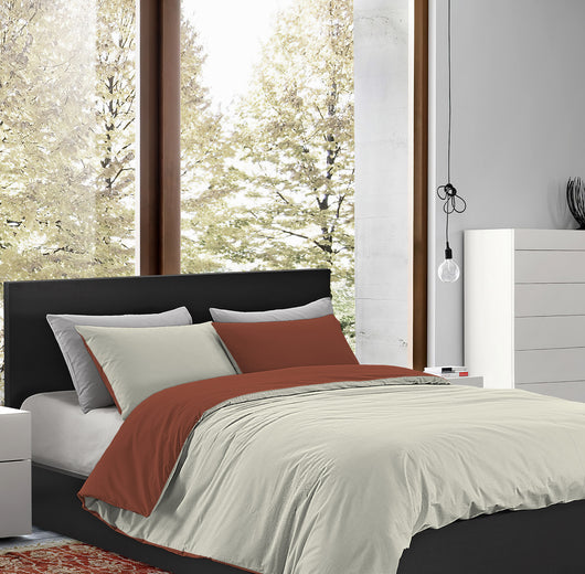 Parure Copripiumino in Flanella Felpato  Bicolore Sacco e Federe Double Face 100% Cotone - Terra-Panna - Singolo