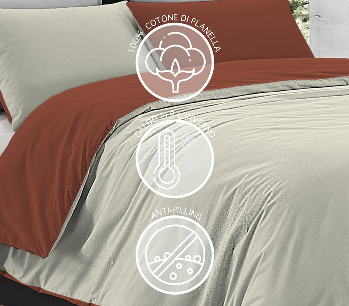 Parure Copripiumino in Flanella Felpato  Bicolore Sacco e Federe Double Face 100% Cotone - Terra-Panna - Singolo