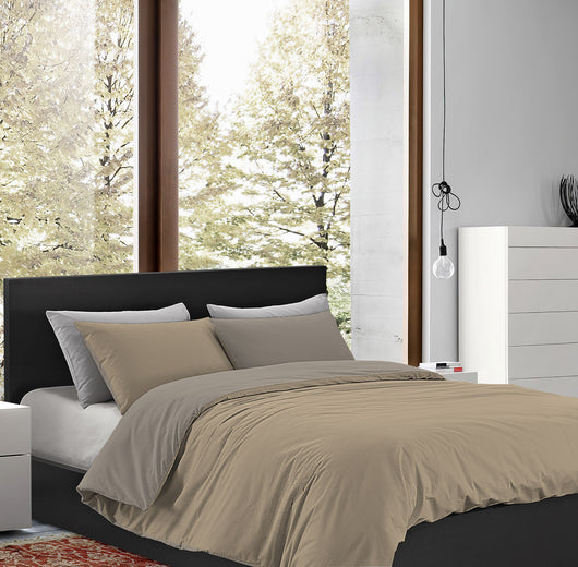 Parure Copripiumino in Flanella Felpato  Bicolore Sacco e Federe Double Face 100% Cotone - Tortora-Beige - Singolo